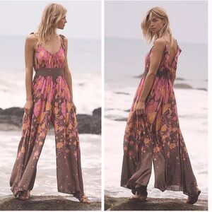 Free People Loreli Jumpsuit pink orange brown wide leg S